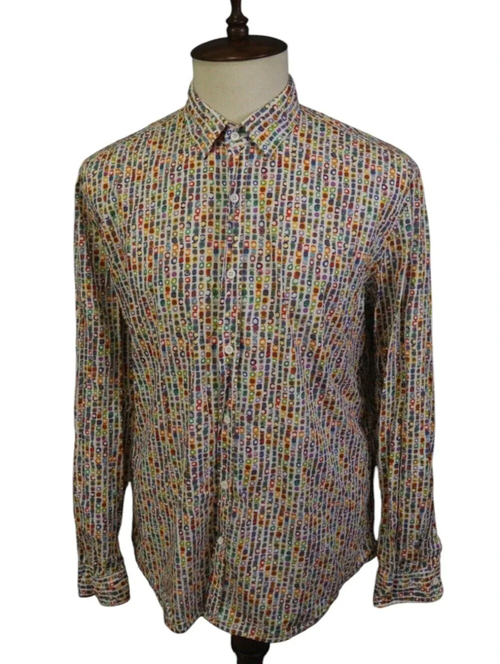 Desigual Multicolor Dot Grid Long-Sleeve Button-Down Cotton Shirt Sz XL